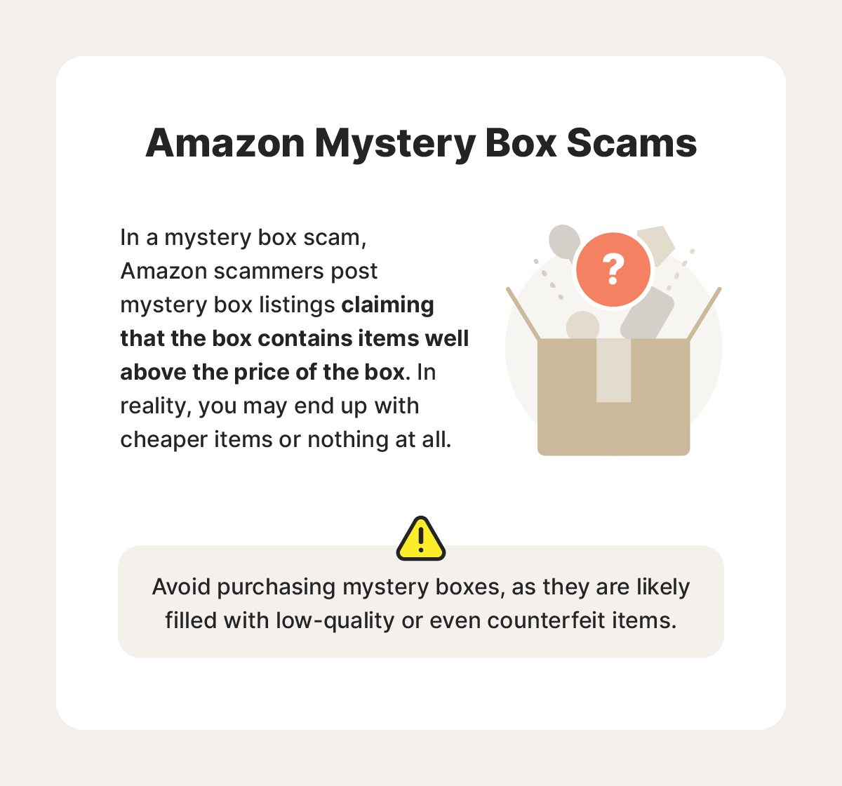 A brief description of an Amazon mystery box scam with a parcel icon.