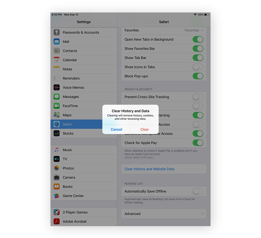 A prompt to Clear History and Data from iPad settings.