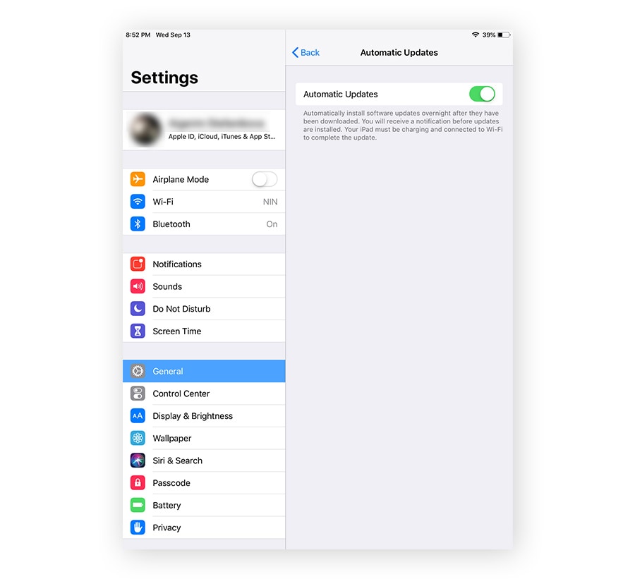 Enabling automatic updates to keep iPad software fully updated.