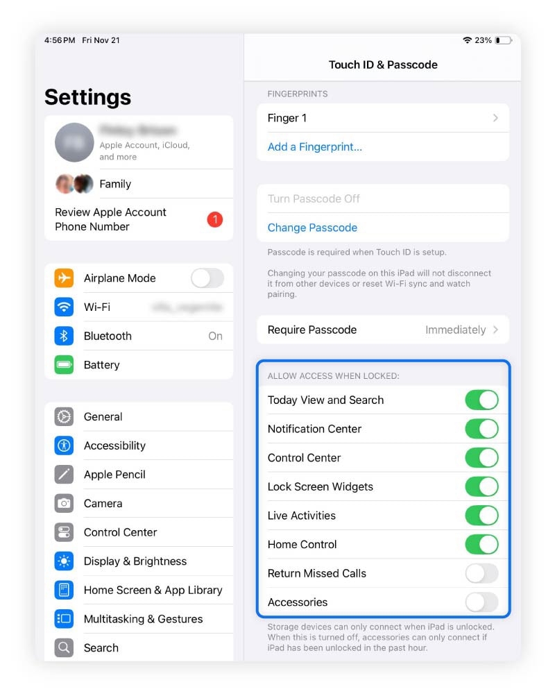 Screenshot of an iPad showing where you can secure your lock screen using the Touch ID and Passcode function.