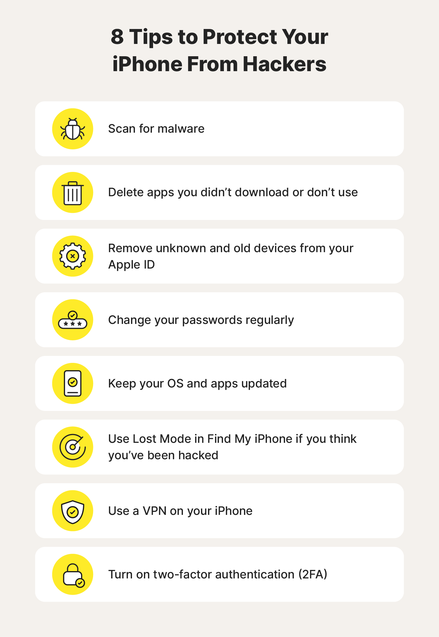 An illustrated chart with 8 tips for how to protect your iPhone from hackers.