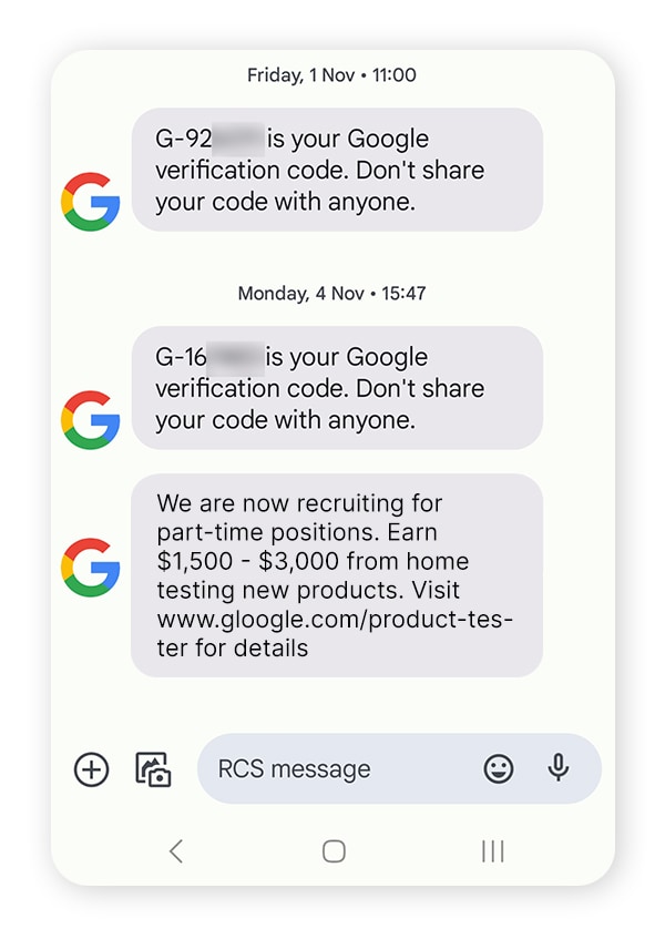 A spoofed text message that appears to come from Google.