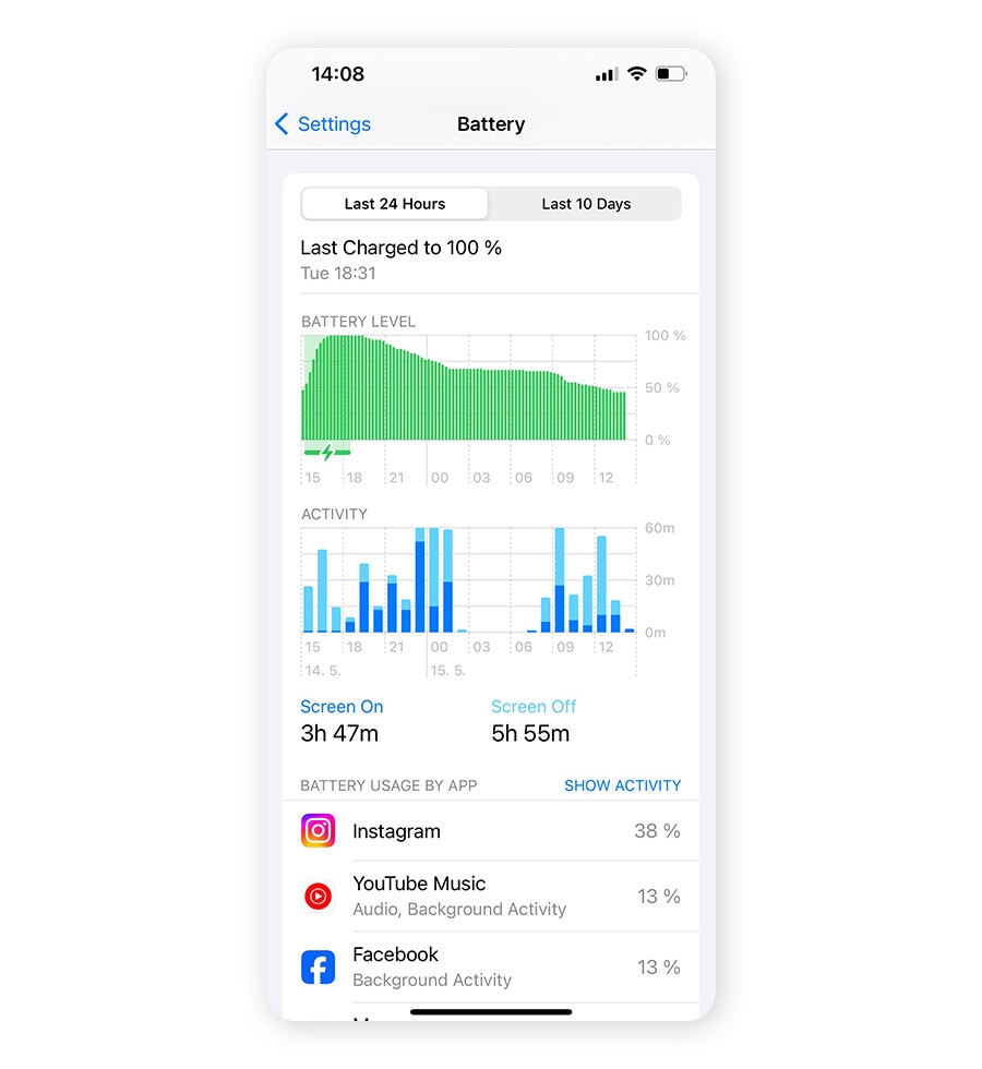 A screenshot from an iOS device showing the battery consumption.