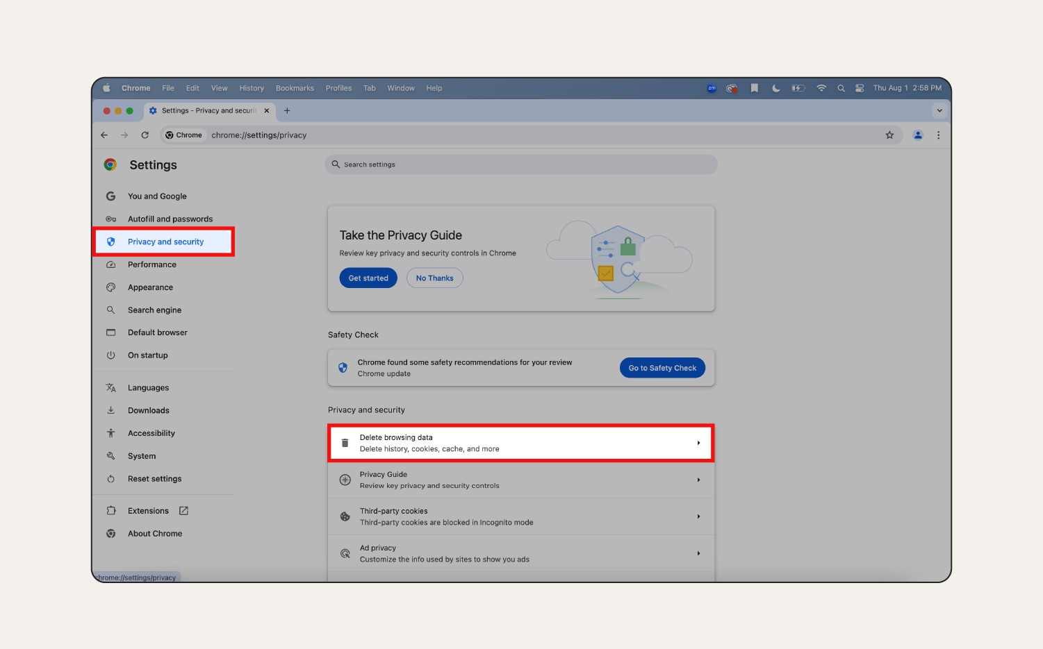 A screenshot of the 'Privacy and security' settings in Chrome. 
