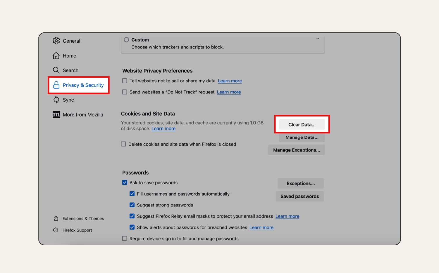 A screenshot of Firefox’s 'Privacy & Security' settings. 