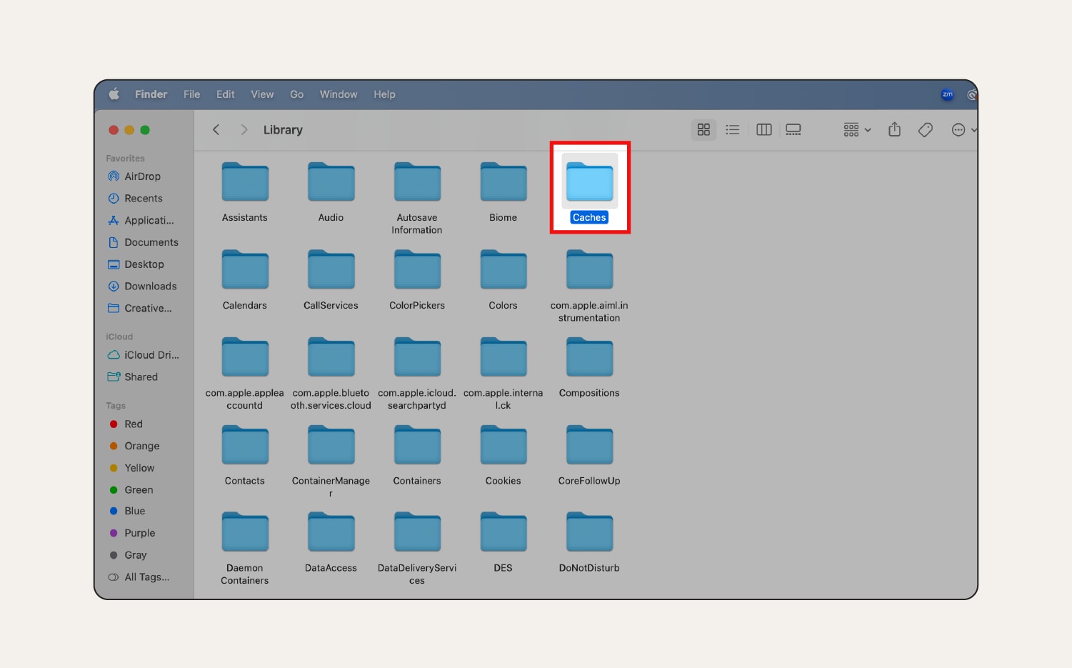 A screenshot of the 'Caches' folder in the Library. 