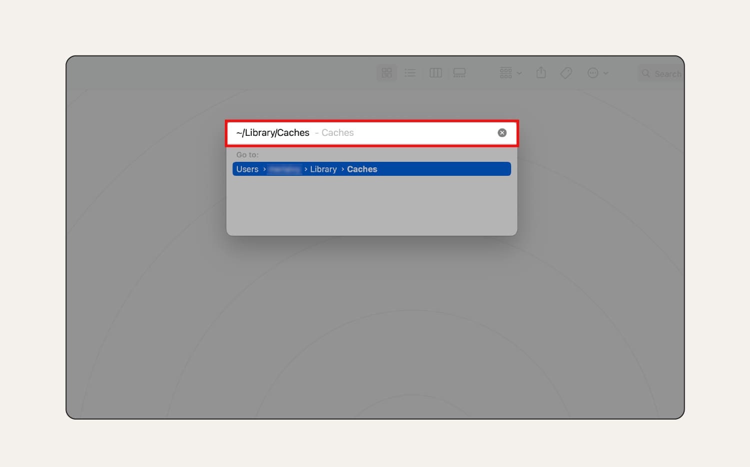 A screenshot of the ~/Library/Caches result in the 'Go to Folder' menu. 
