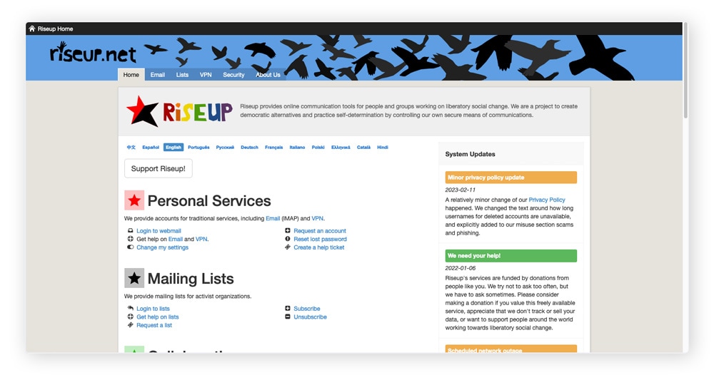 Riseup is a volunteer organisation with secure chat and messaging services accessible on the dark and surface webs.