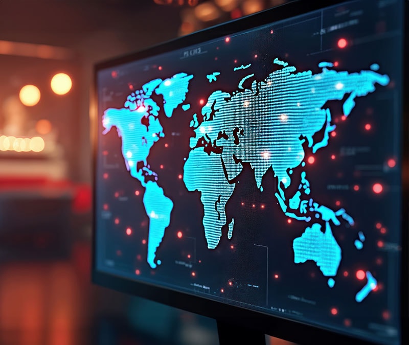 A digital map of the world on a computer screen, representing Norton VPN's new global server locations.