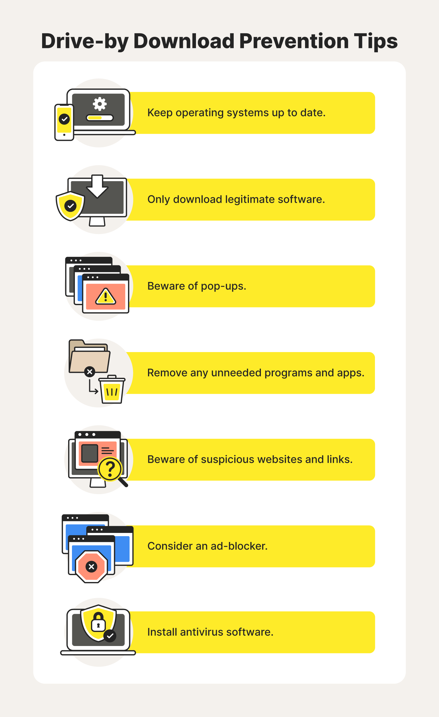 Seven illustrations accompany drive-by download prevention tips that can help keep your devices virus-free.