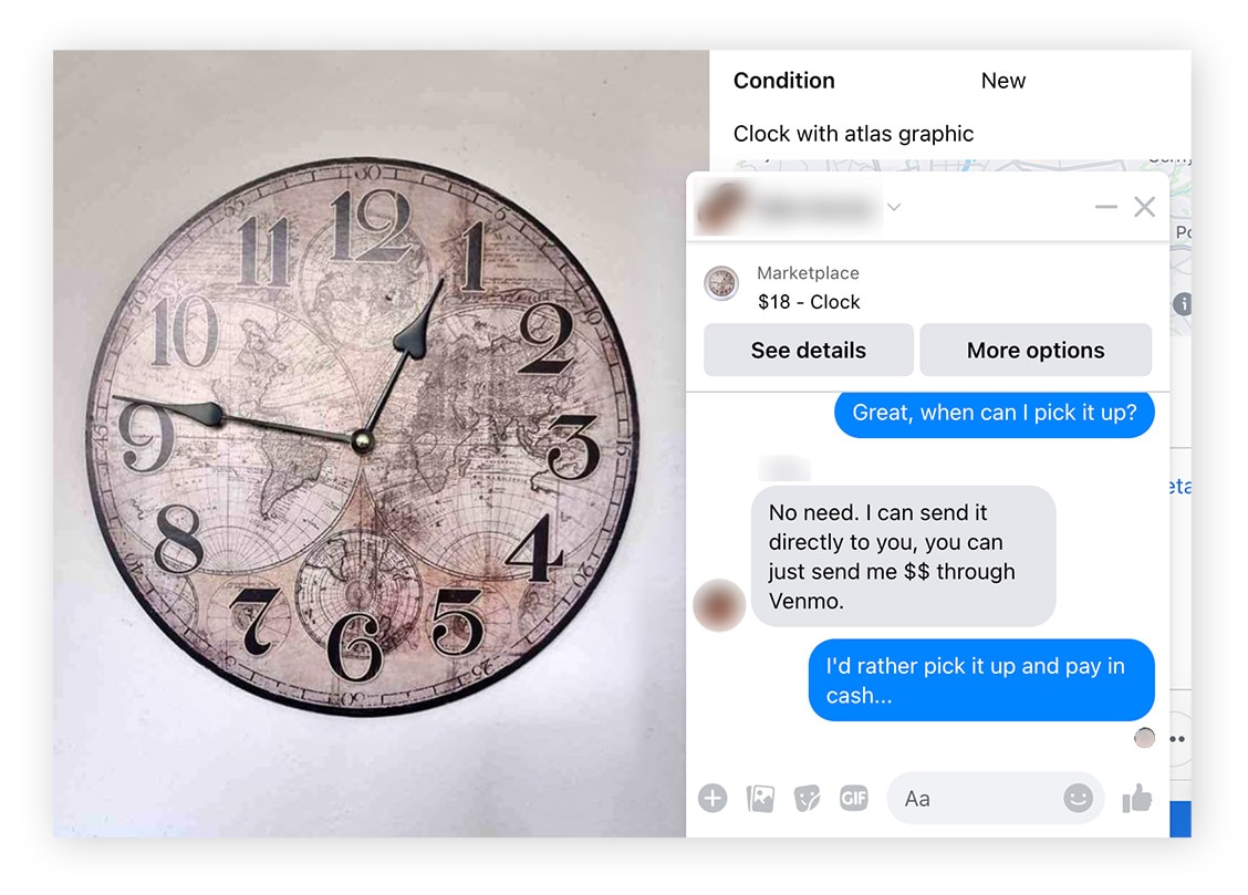  An example of an outside payment scam on Facebook marketplace.