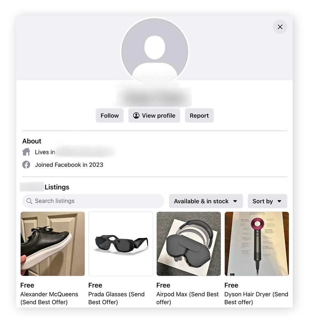 Many Facebook marketplace scams are posted by fake Facebook accounts.