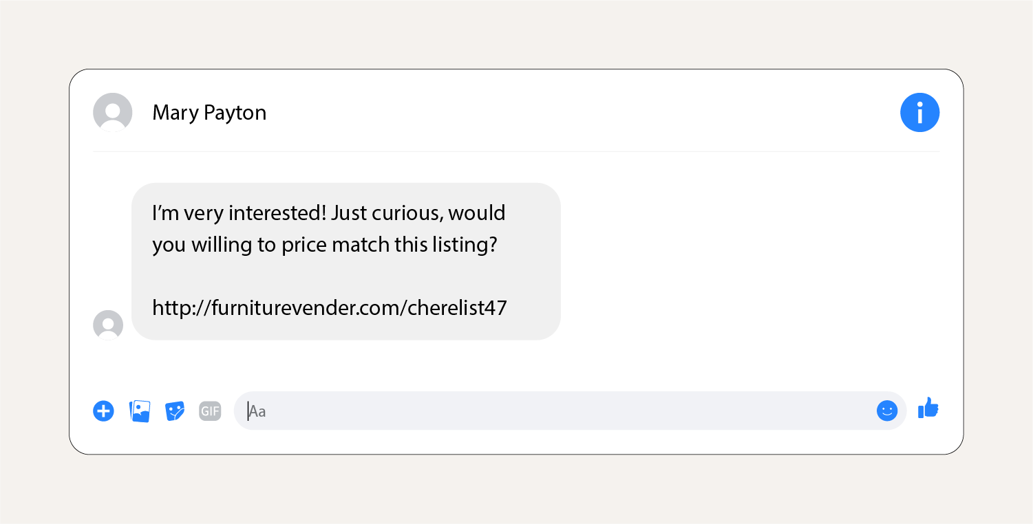 A screenshot showing a phishing scam message on Facebook Marketplace.