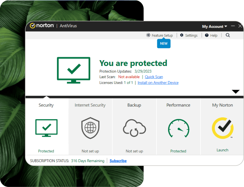 The home screen of the Norton AntiVirus Plus dashboard shows that the device on which the application is installed is protected.