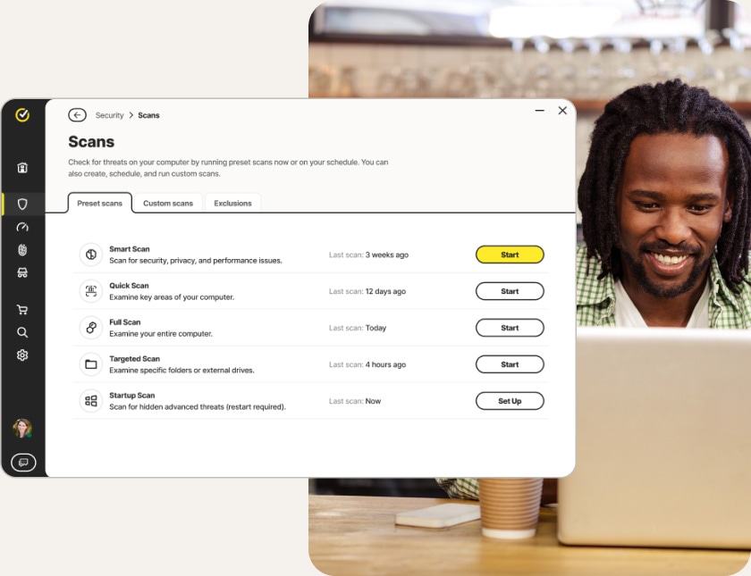 A screenshot showing the various security scan options available in Norton Antivirus Plus.