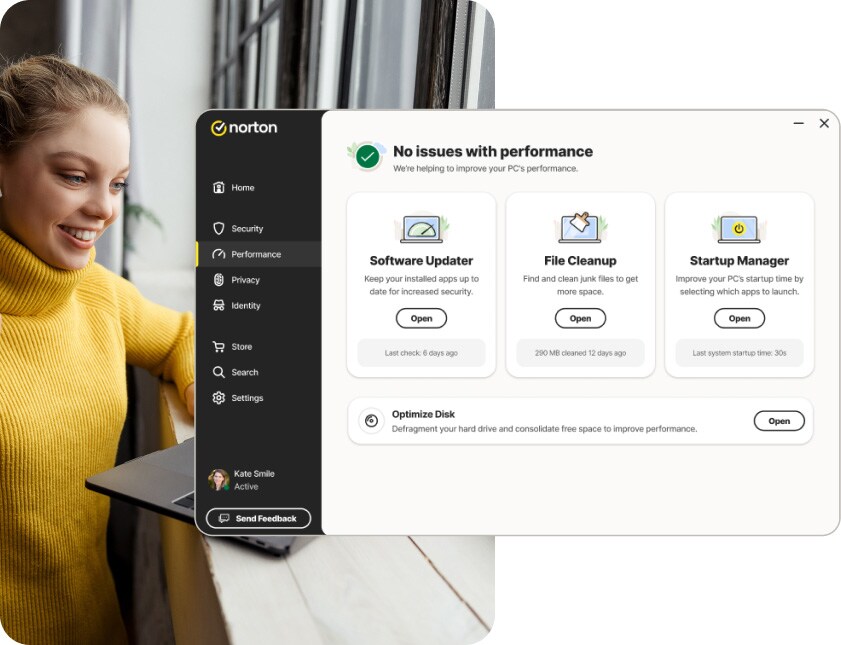 A screenshot showing Norton Antivirus Plus performing a disk optimisation scan to boost performance.