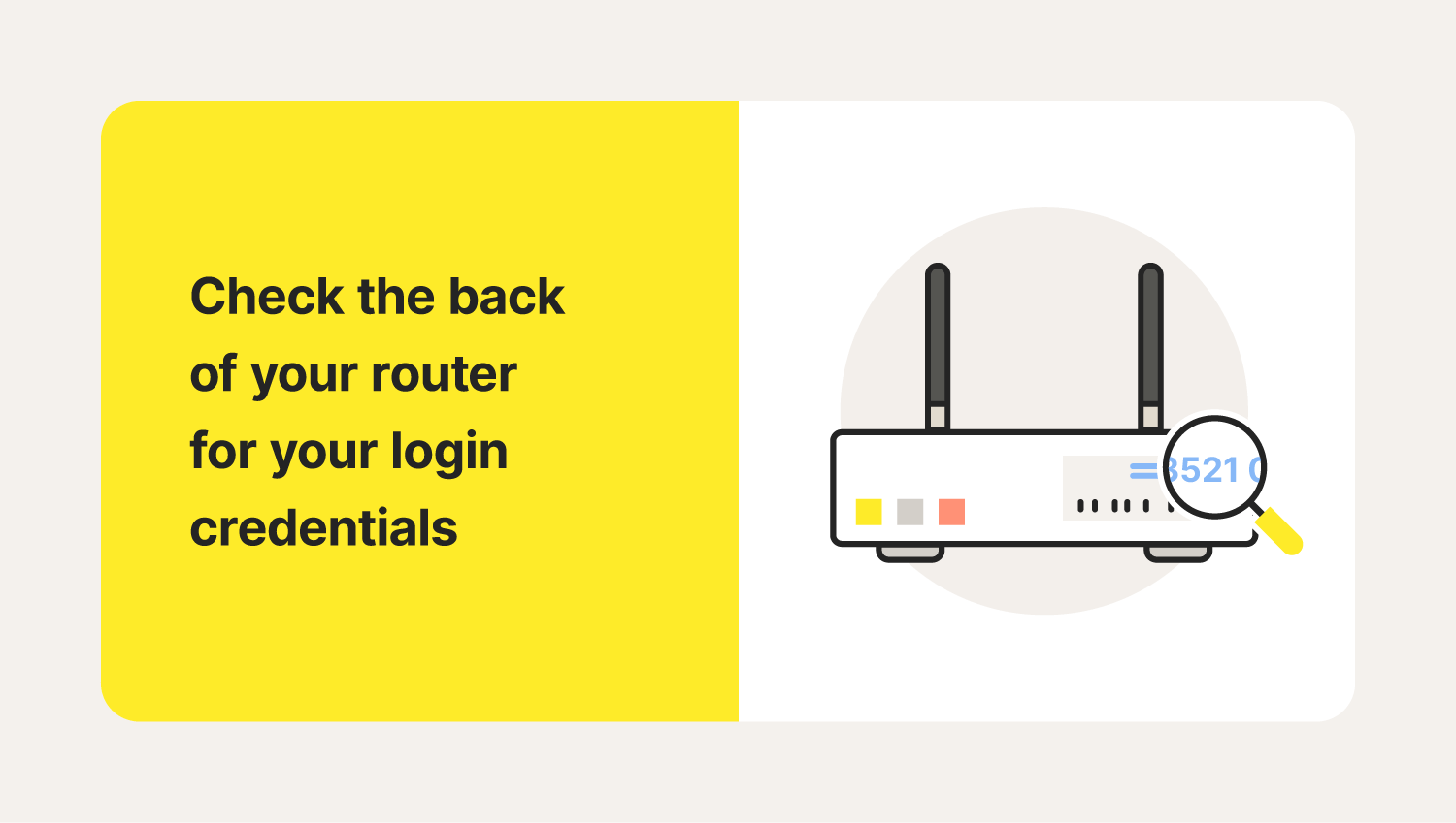 A magnifying glass inspects the back of a router to show how to change your Wi-Fi password.