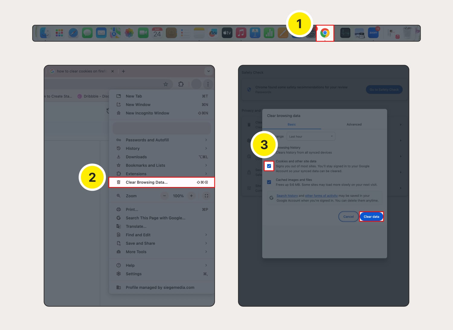 An image showing how to clear cookies on Chrome browser