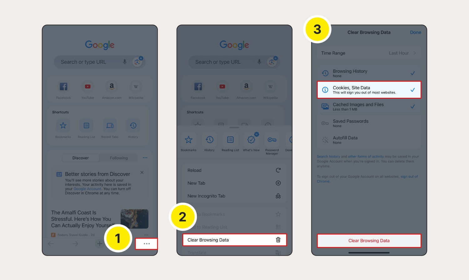 An image showing how to clear Chrome cookies on iOS devices.