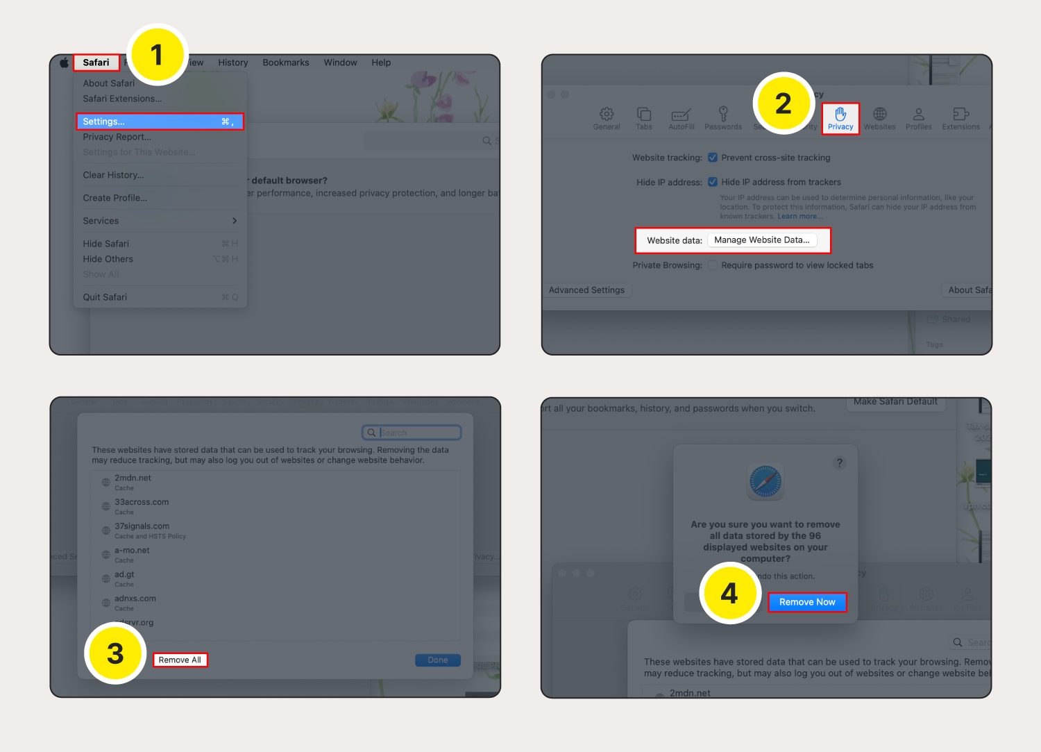 An image showing how to clear cookies on Safari on macOS.