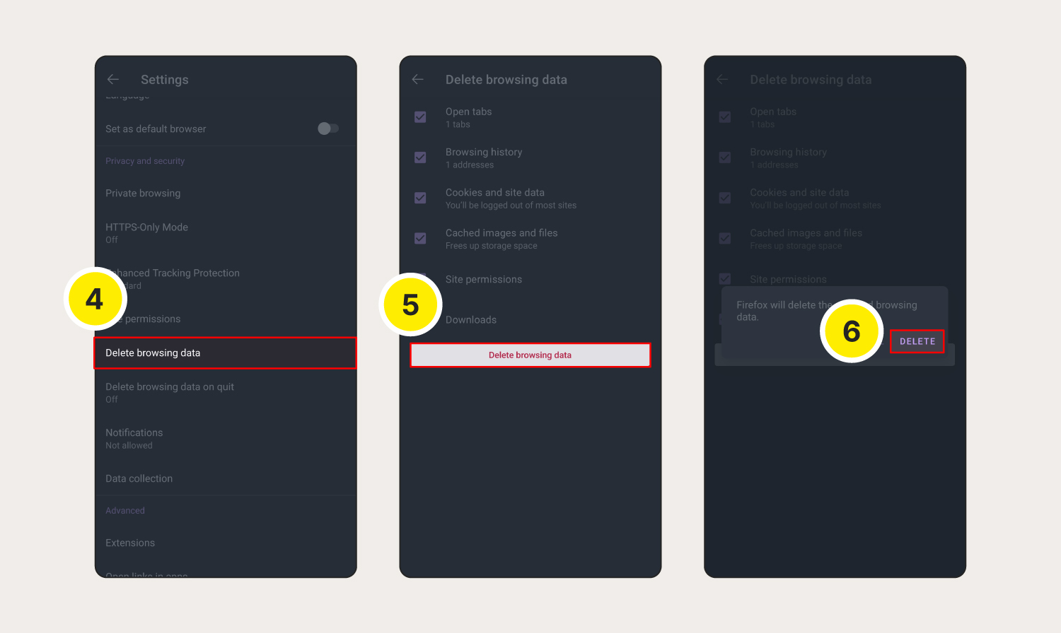 The final steps showing how to clear Firefox cookies on your Android device.