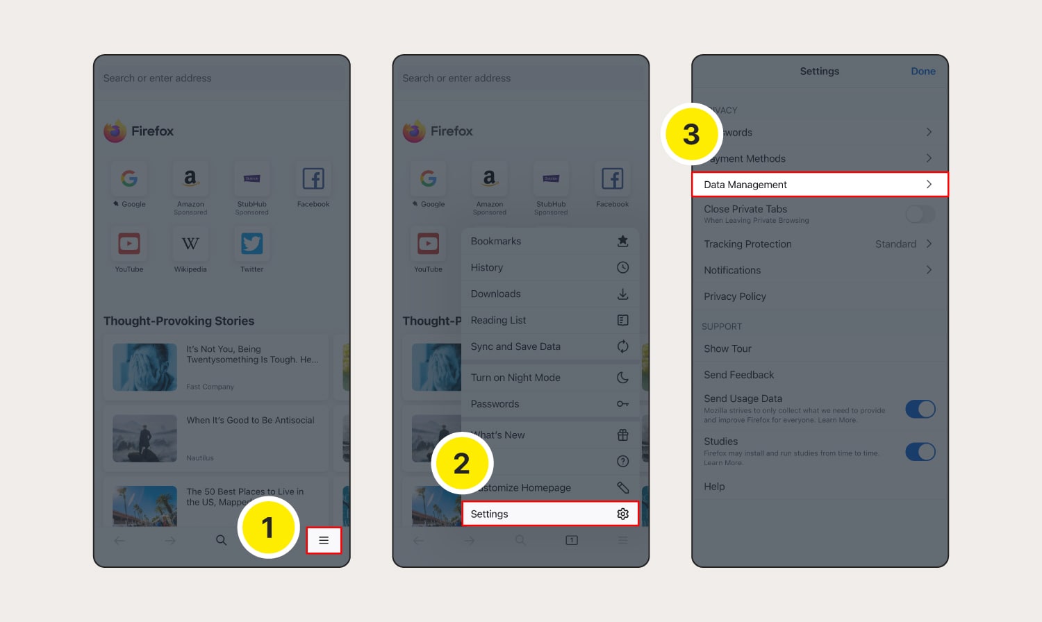 An image showing how to clear Firefox cookies on your iOS device.