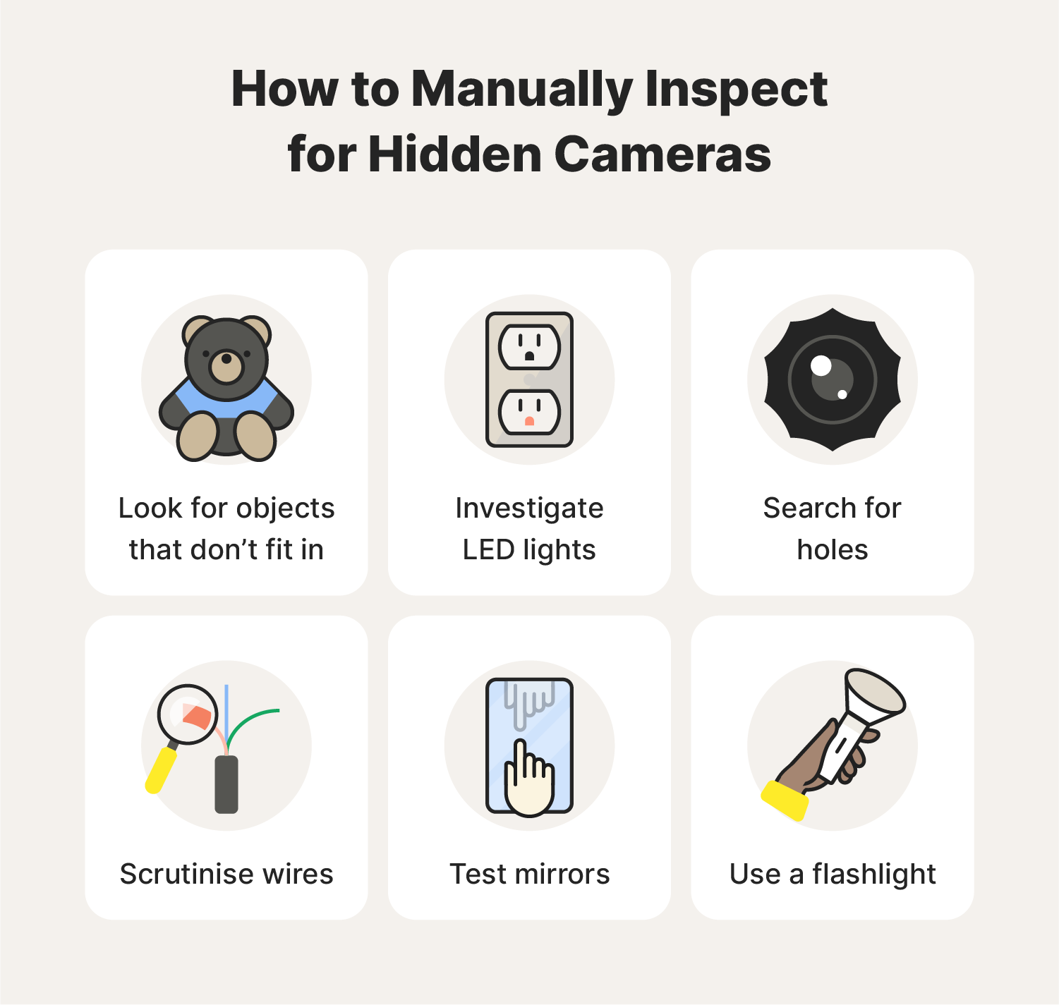 An infographic showing how to find hidden cameras with a manual inspection.