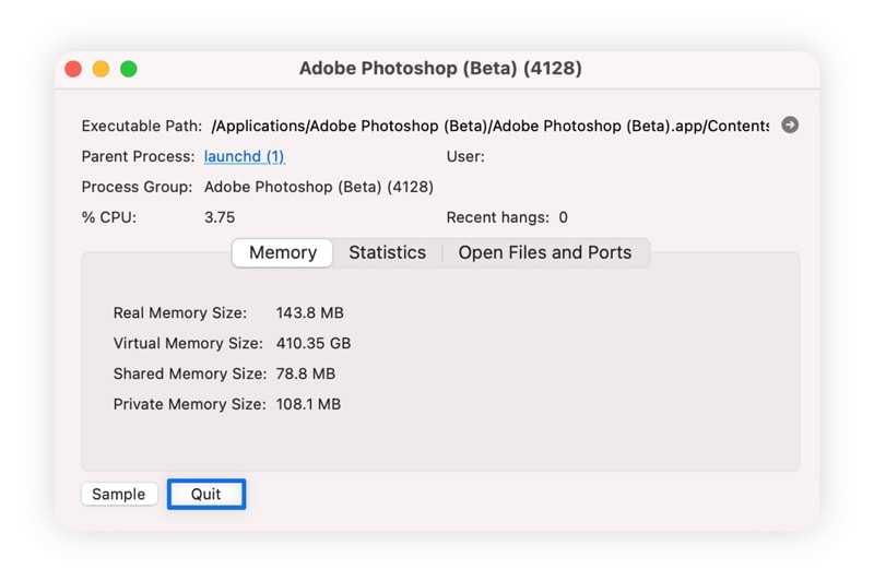 A screenshot showing how to quit programs through the Mac Activity Monitor.