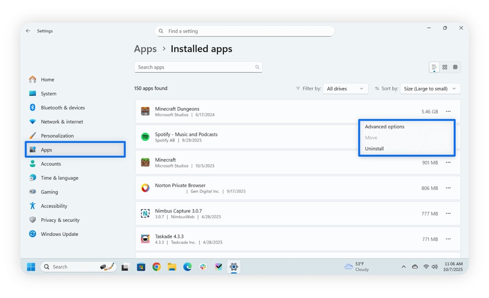 Screenshot showing how to uninstall applications on a Windows computer.