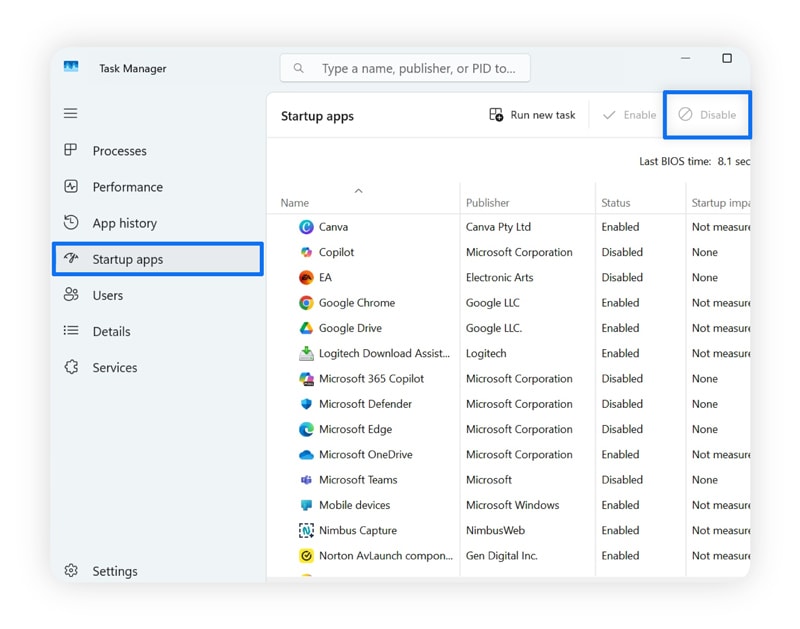 Screenshot showing how to disable startup programs on a Windows computer.