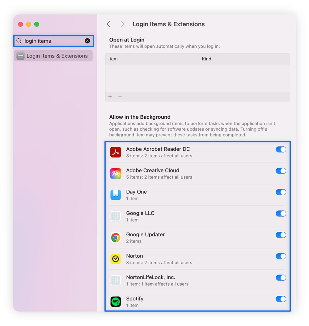 Screenshot showing how to disable startup programs on a Mac computer.