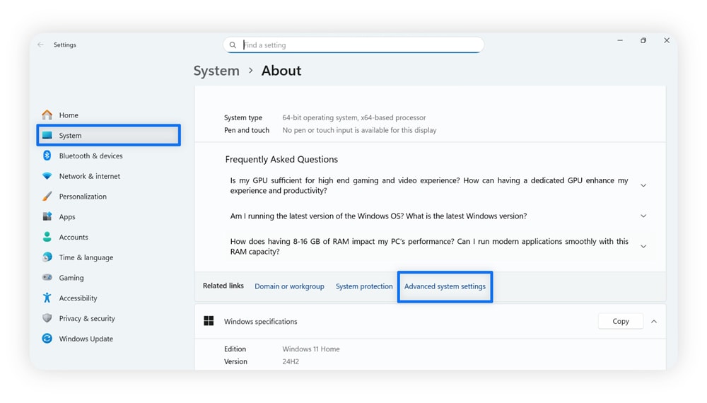 Screenshot showing where to find ‘Advanced system settings’ on a Windows computer.