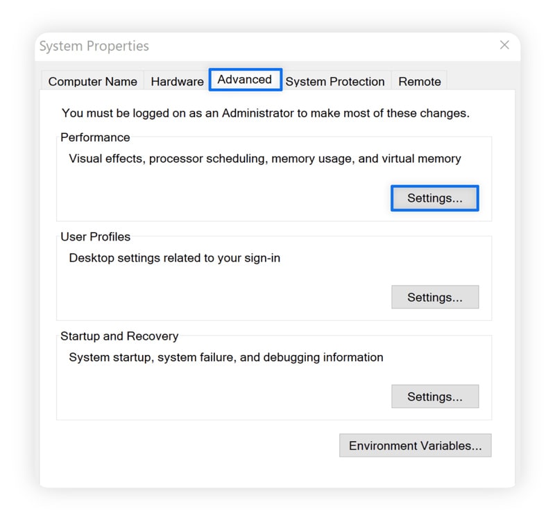 Screenshot showing where to access ‘Performance’ settings.