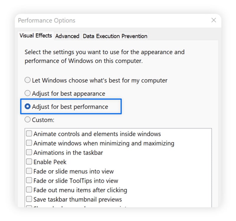 Screenshot showing how to adjust visual effects for best performance.