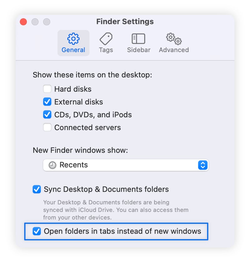 Screenshot showing how to open Finder folders in tabs to lower memory usage.