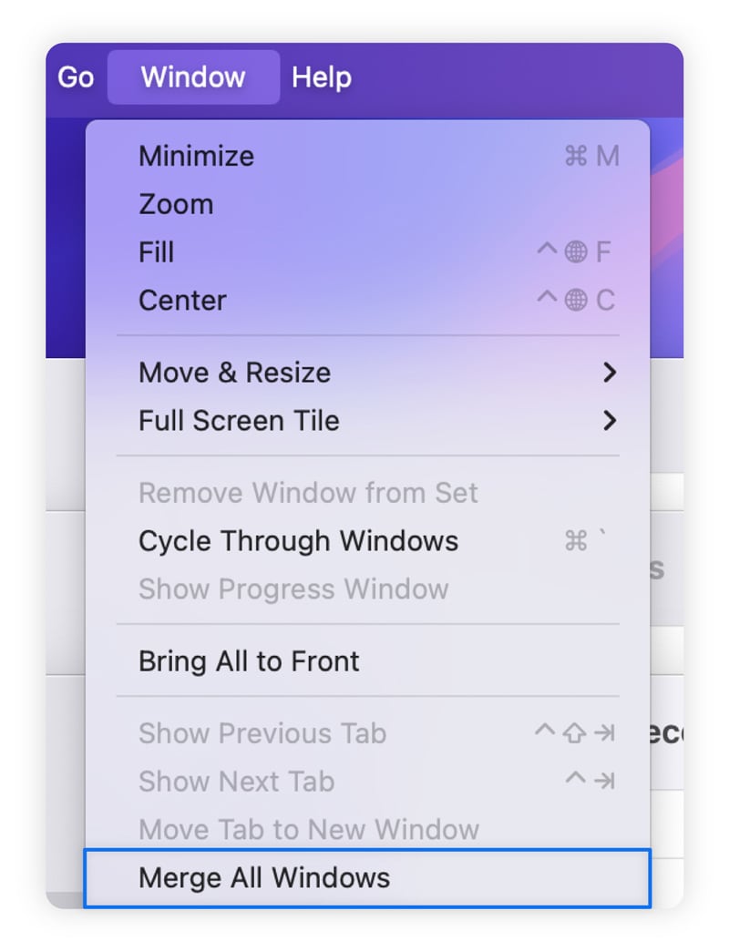 Screenshot showing how to merge Finder windows.