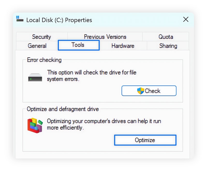 A screenshot showing you how to defragment your Windows hard drive.