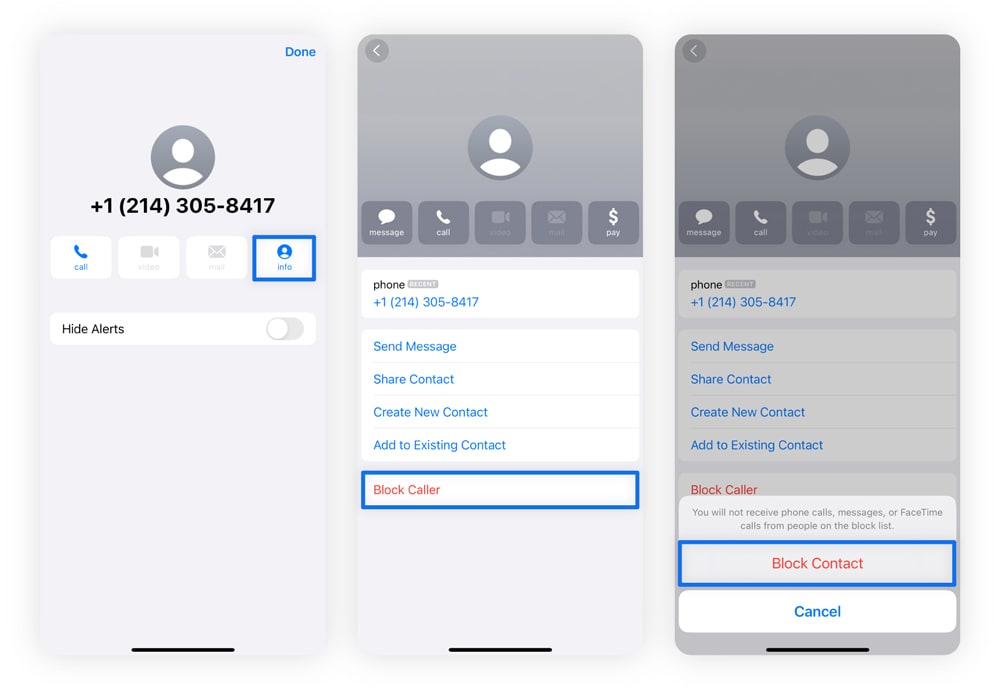 Screenshots of how to block spam text messages on an iPhone.