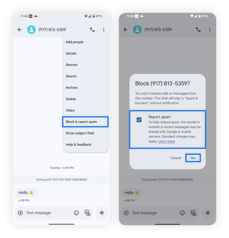 Screenshots of how to block spam text messages on Android.