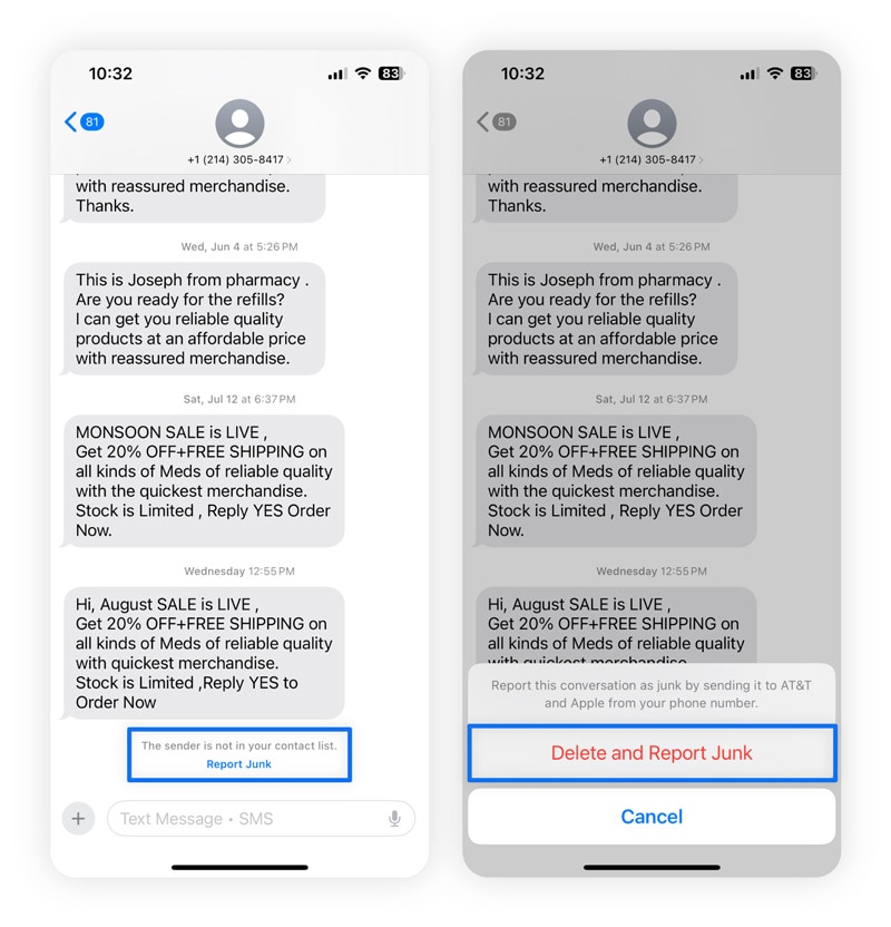 Screenshots showing how to report junk text messages on iPhone.