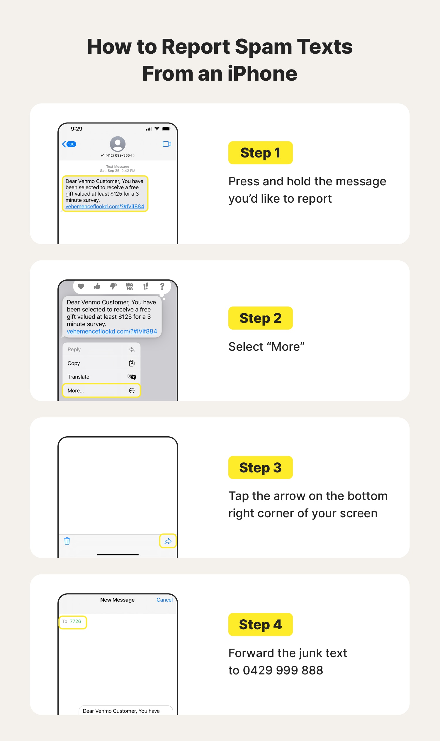 Step-by-step visual instructions on how to report spam messages on an iPhone.