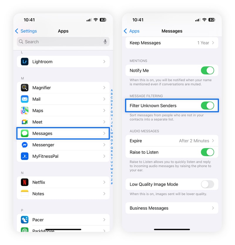 Screenshots showing how to filter spam on iPhone.