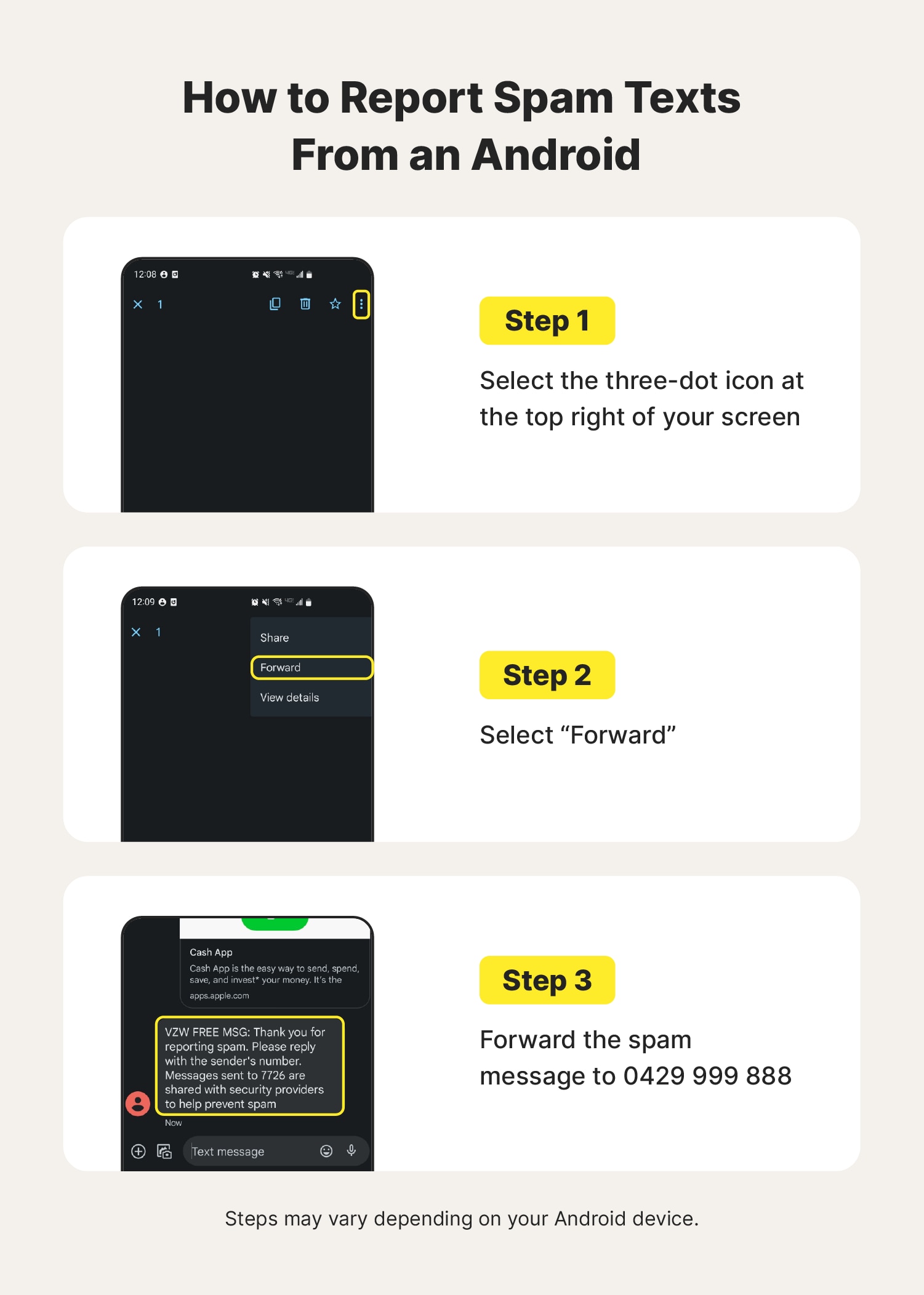 Step-by-step visual instructions on how to report spam texts on an Android phone.