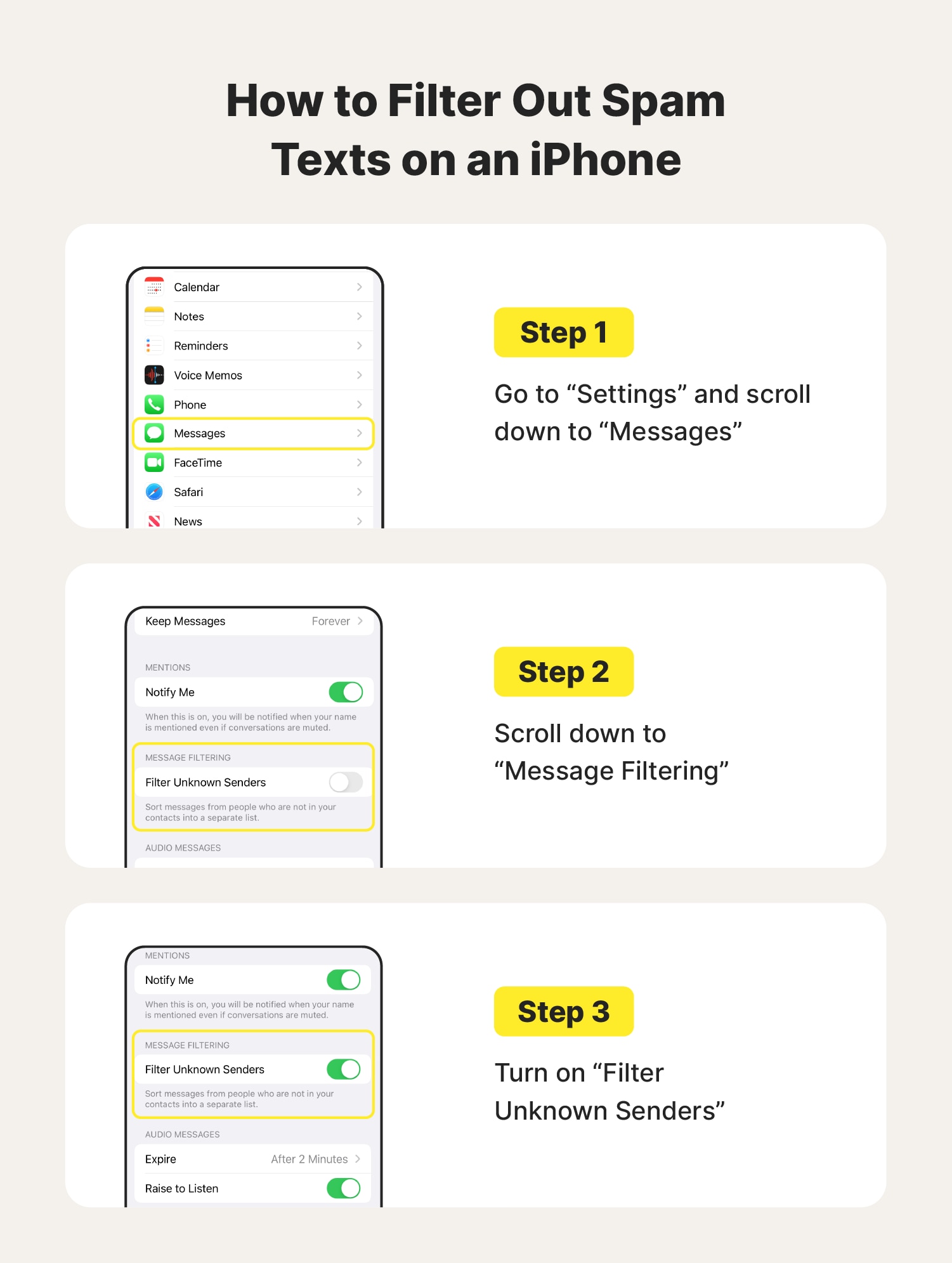 Step-by-step visual instructions on how to filter spam texts on an iPhone.