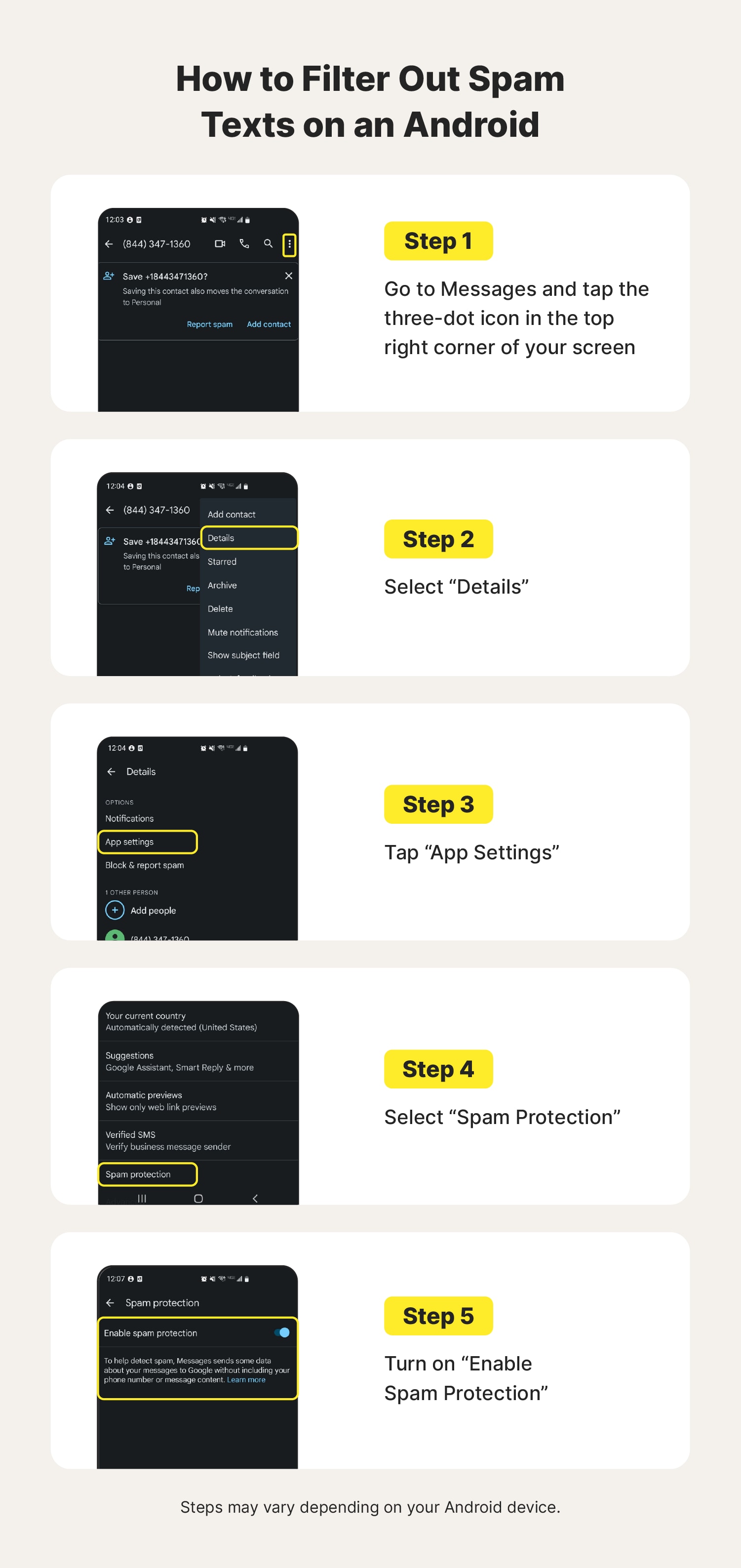 Step-by-step visual instructions on how to filter spam text messages on an Android.