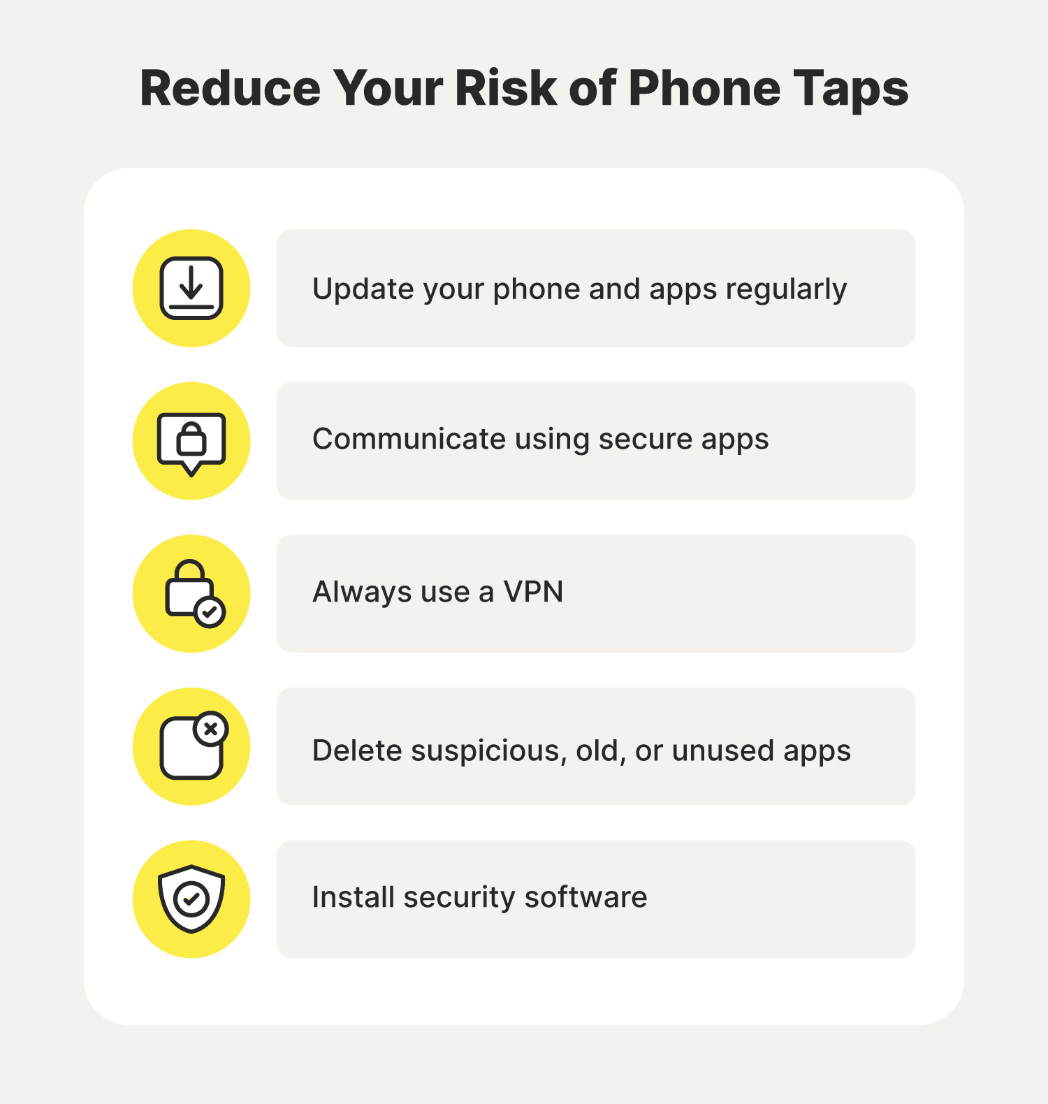 An illustration showing how to reduce your risk of phone taps.