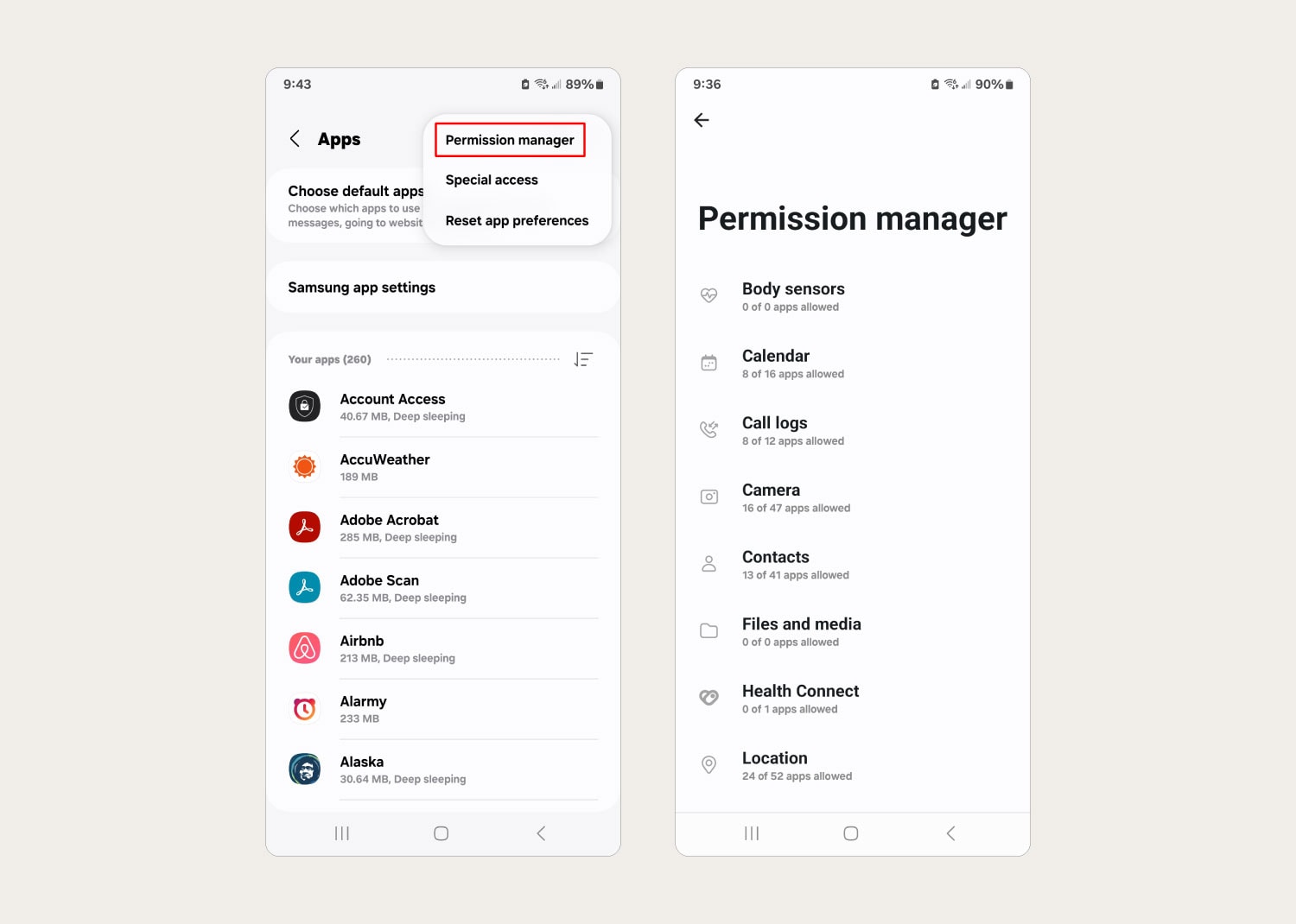 A screenshot of Permission manager showing how to find spyware on Android.