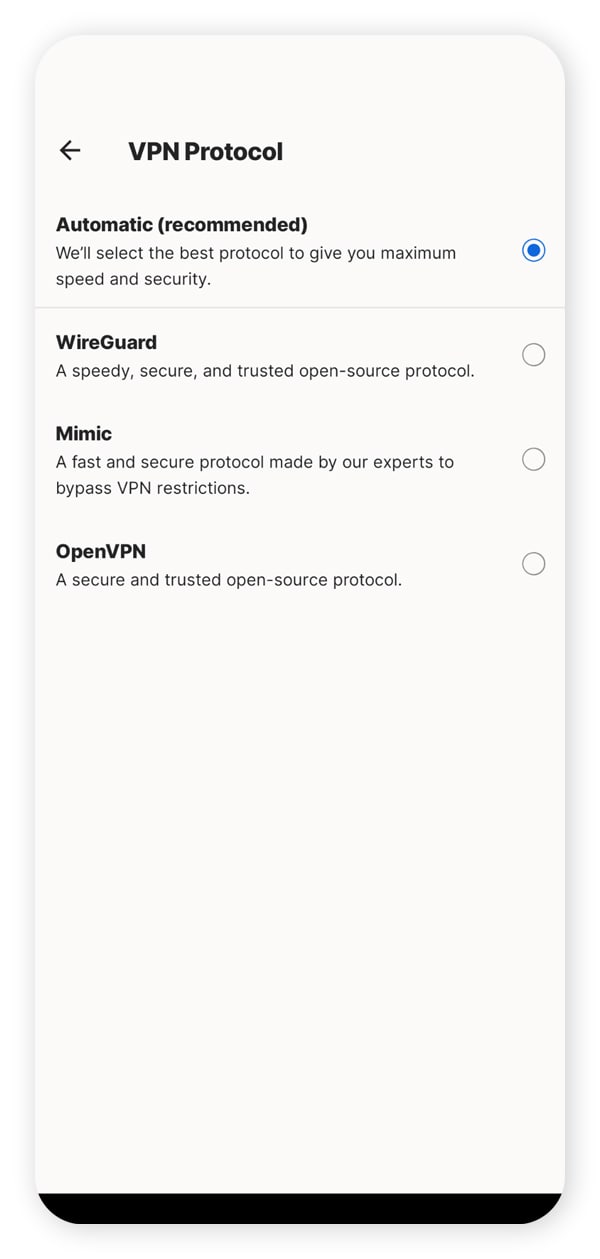 A screenshot of the protocol settings in Norton VPN.