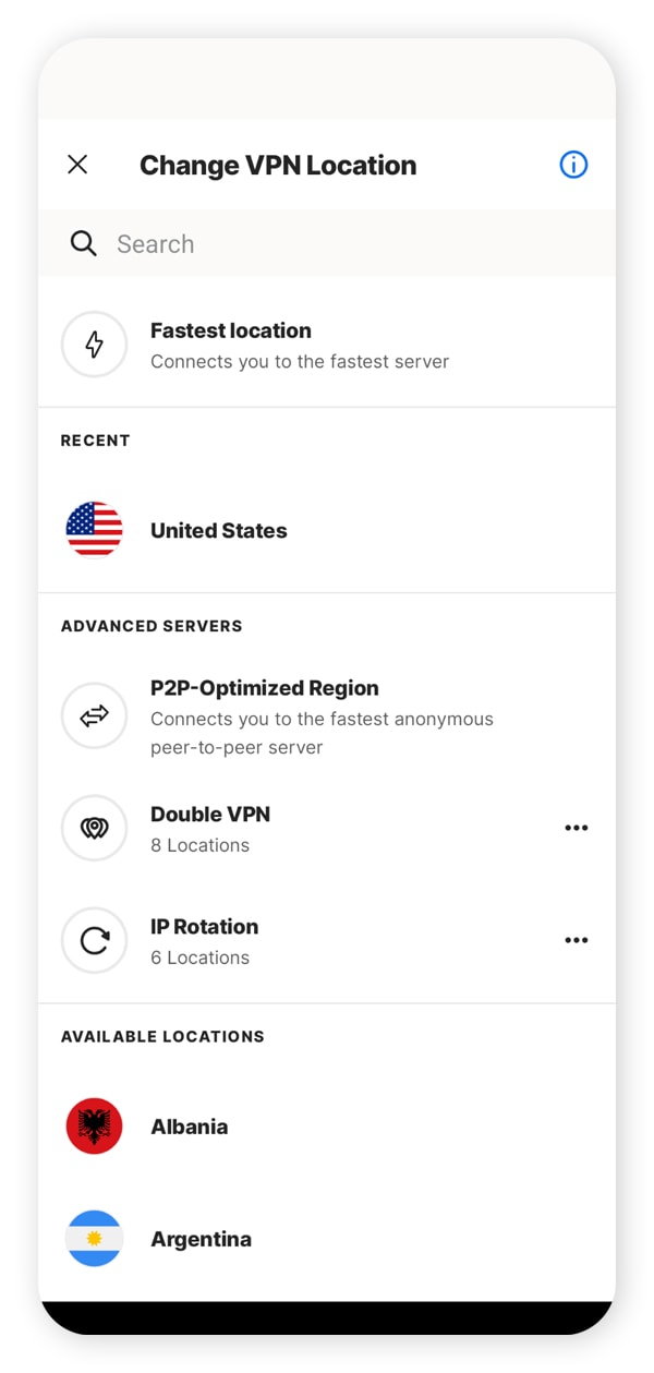 A screenshot of the VPN server options in Norton VPN.