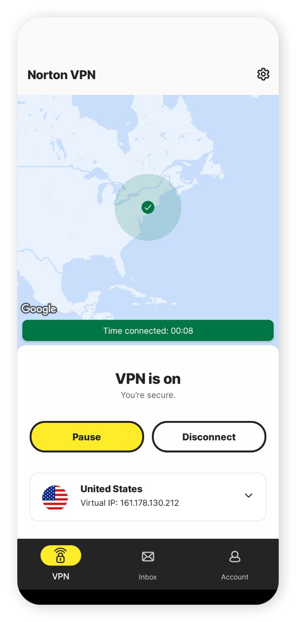 A screenshot of Norton VPN with an active connection.